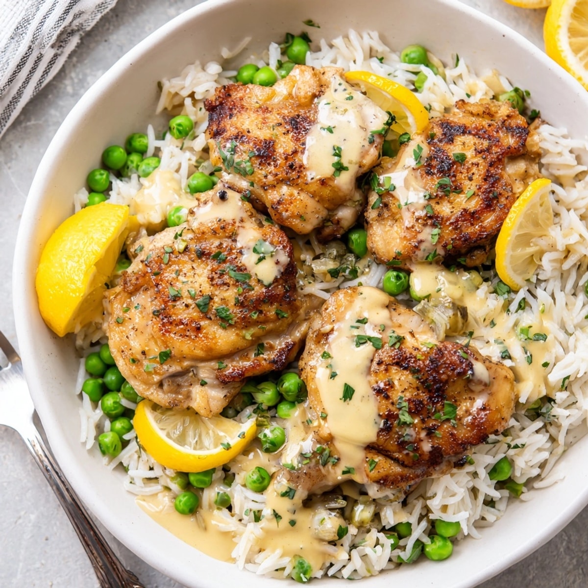 One-pot creamy lemon chicken and rice served in a skillet, garnished with fresh parsley and peas.