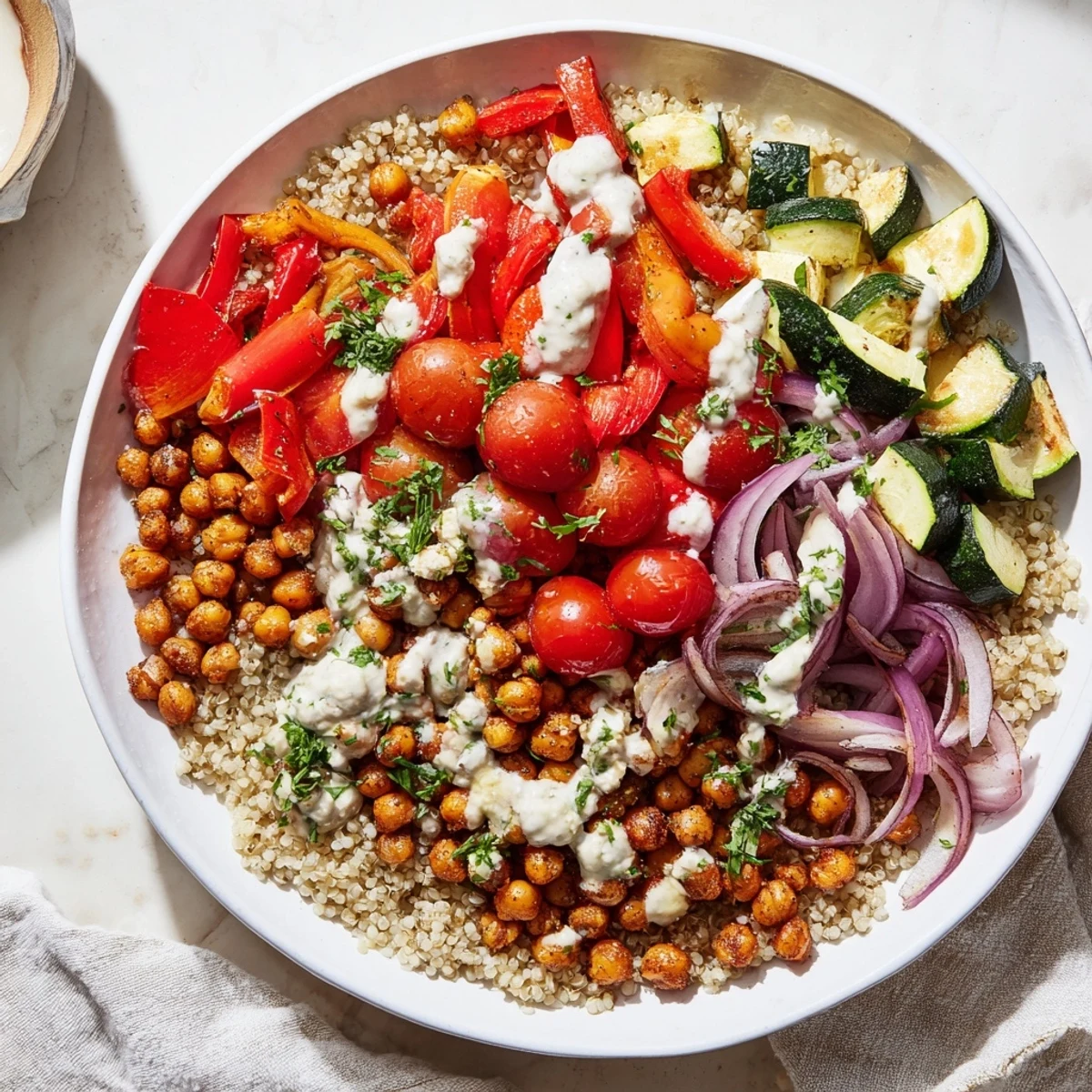 Mediterranean Chickpea and Veggie Grain Bowl, a colorful, healthy meal piled high with roasted vegetables.
