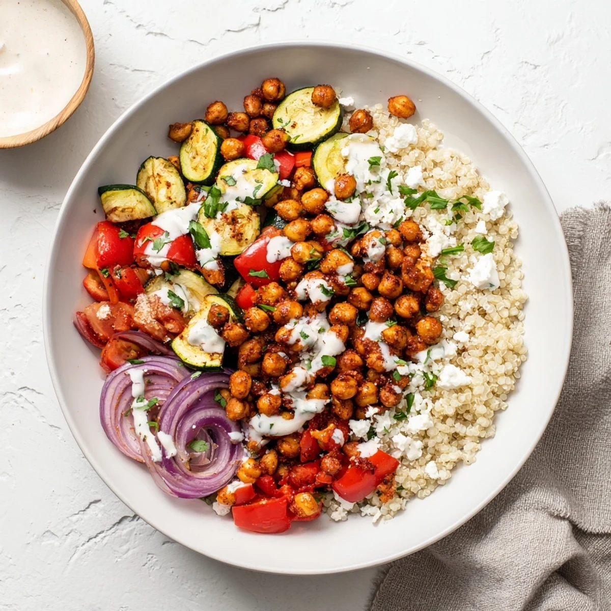 This beautiful Mediterranean Chickpea and Veggie Grain Bowl features crispy chickpeas and a zesty lemon-tahini dressing.