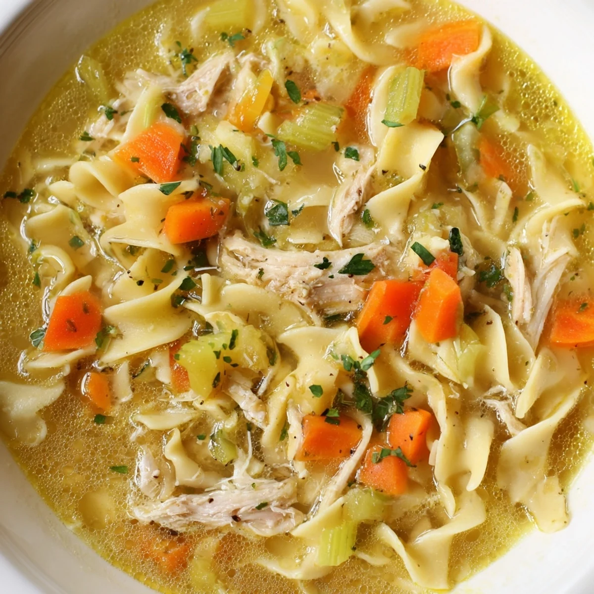 Steaming bowl of Cozy Chicken Noodle Soup, featuring golden noodles and tender chicken, ready to eat.