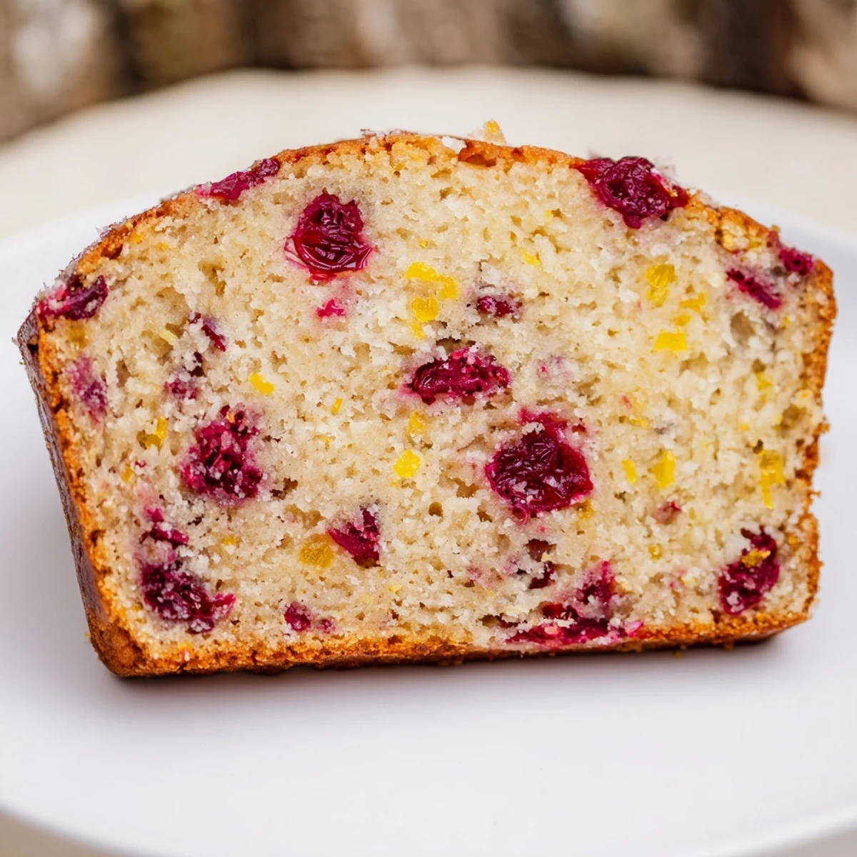 Freshly baked seasonal cranberry and orange bread, showcasing a golden crust and tart cranberries.