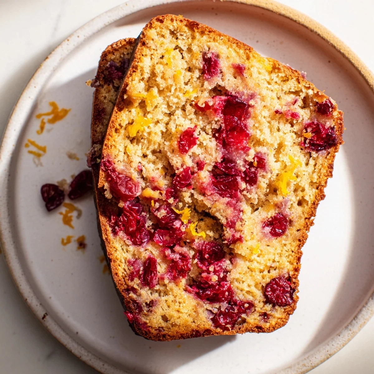 Warm, homemade cranberry and orange bread, ready to be enjoyed with a cup of coffee this morning.