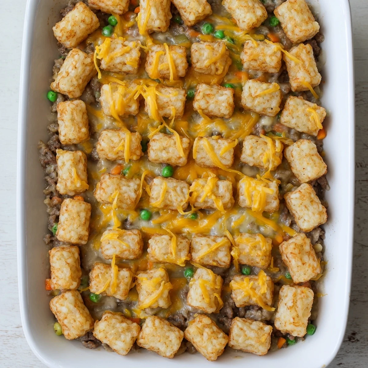 Family Favorite Tater Tot Casserole with golden, crispy tots and melted cheddar, a true comfort meal.