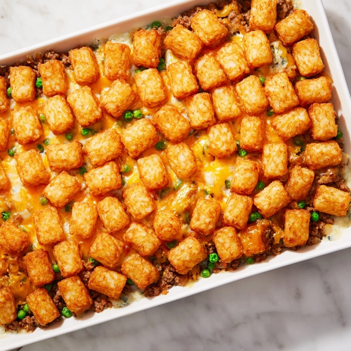 This warm Family Favorite Tater Tot Casserole features a bubbling, creamy meat and veggie layer, beneath crunchy tots.