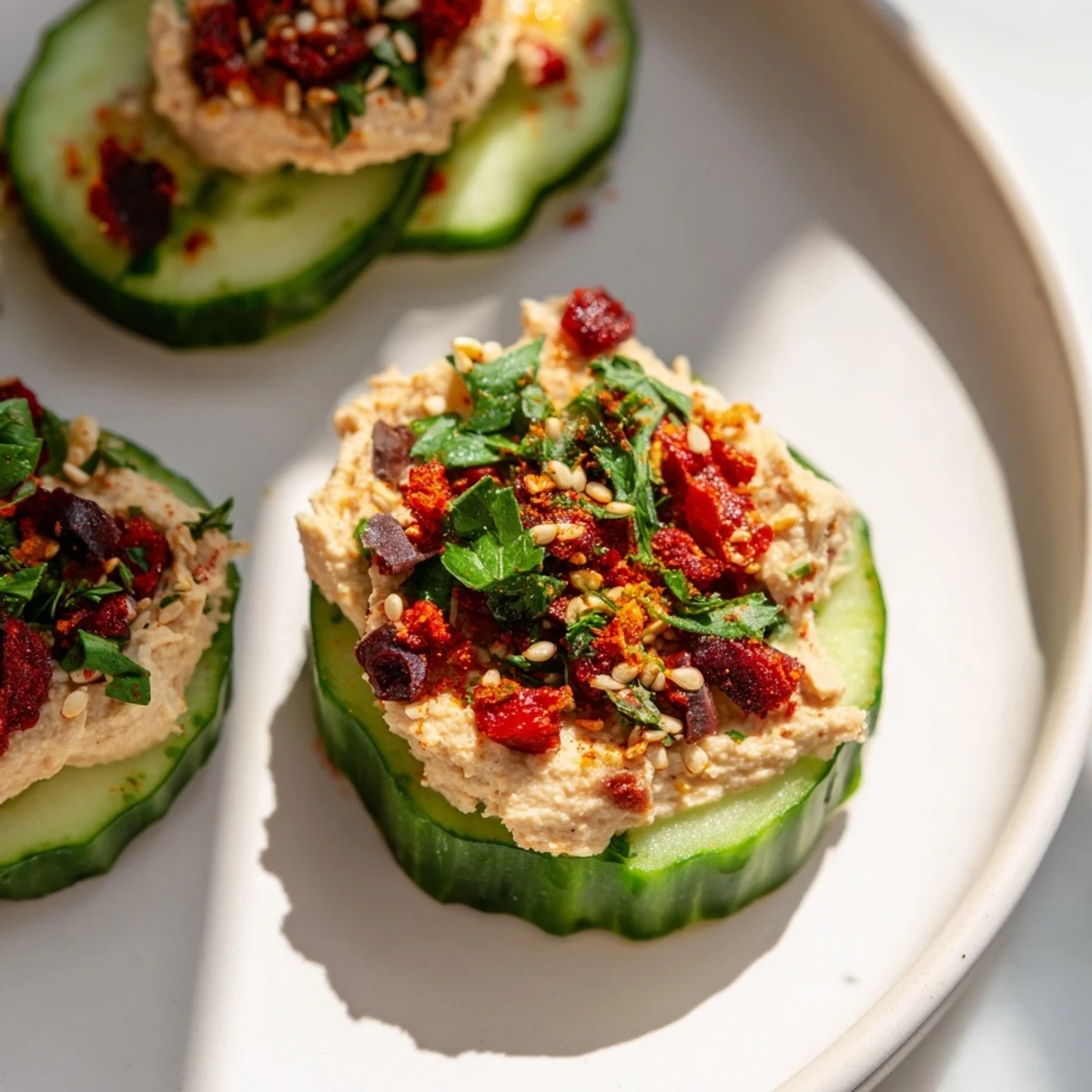 Quick Hummus and Cucumber Bites: cool cucumber rounds topped with creamy hummus, ready to eat.