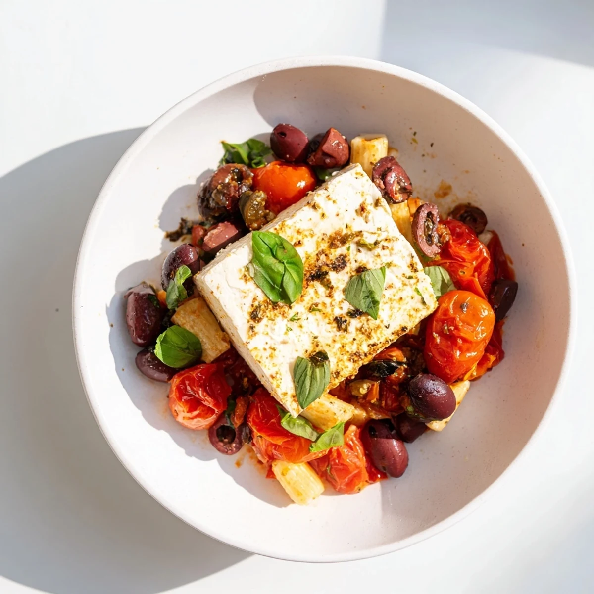 Creamy baked feta pasta with burst cherry tomatoes, olives, and fresh basil, a vivid dish.