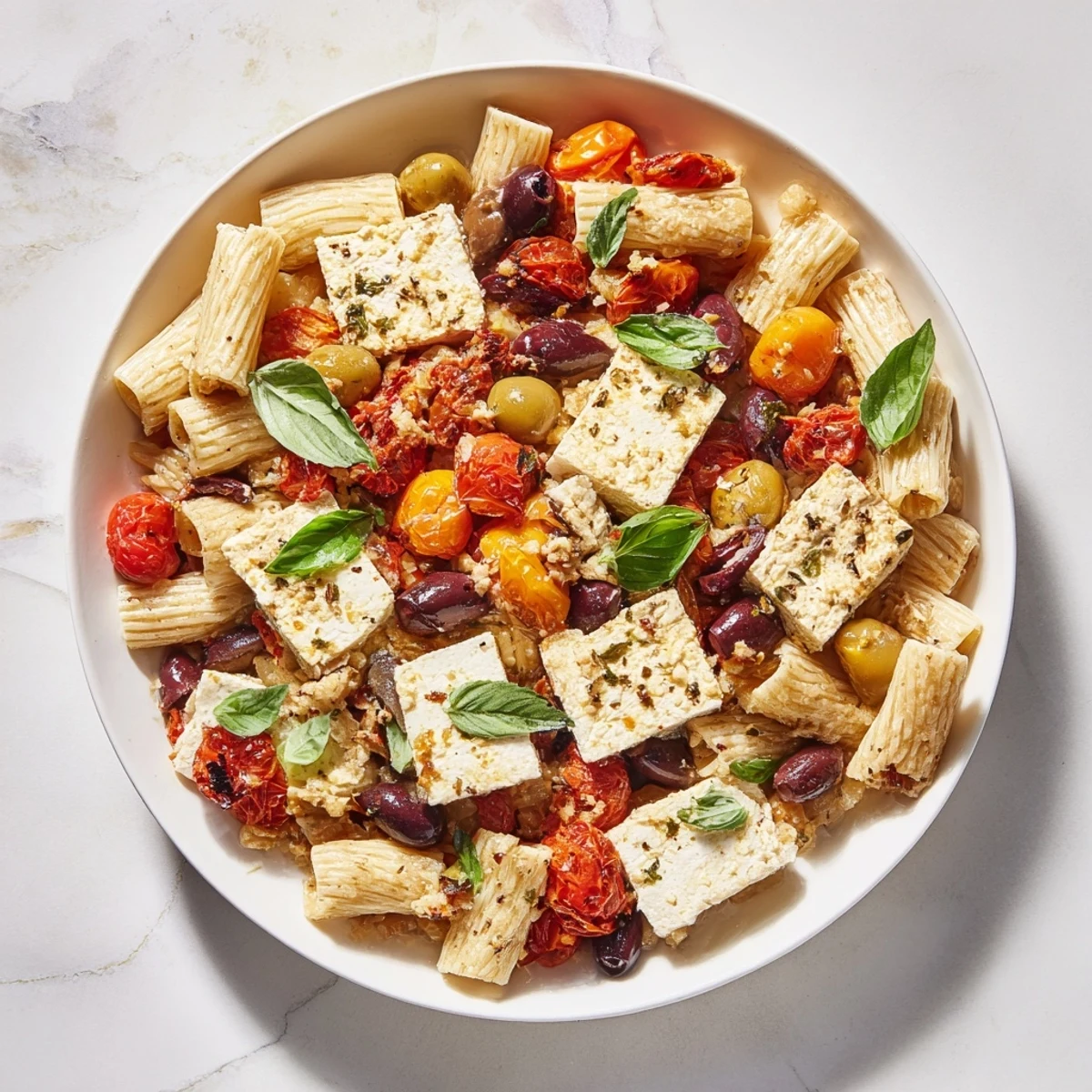 Close-up of baked feta pasta, showing the vibrant red tomatoes and olives over al dente pasta.