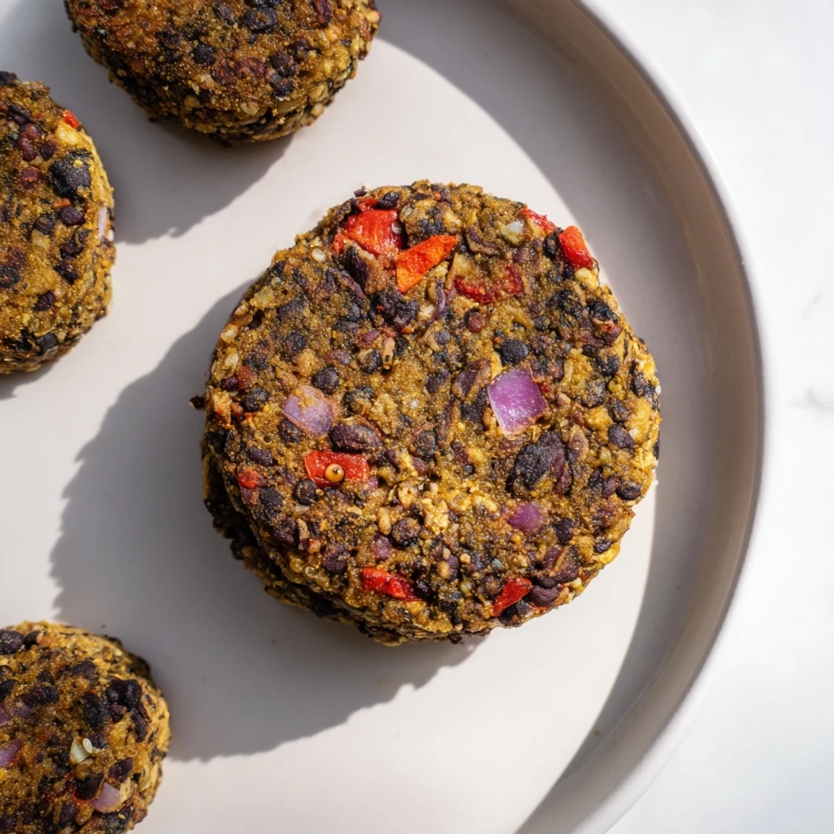 Crispy vegetarian black bean burgers ready to be piled high with fresh toppings for dinner.