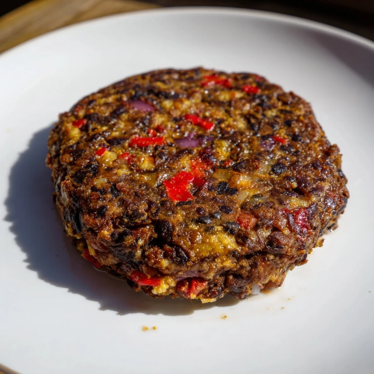 Golden-brown, homemade black bean burgers sizzling in a pan, full of savory spices.
