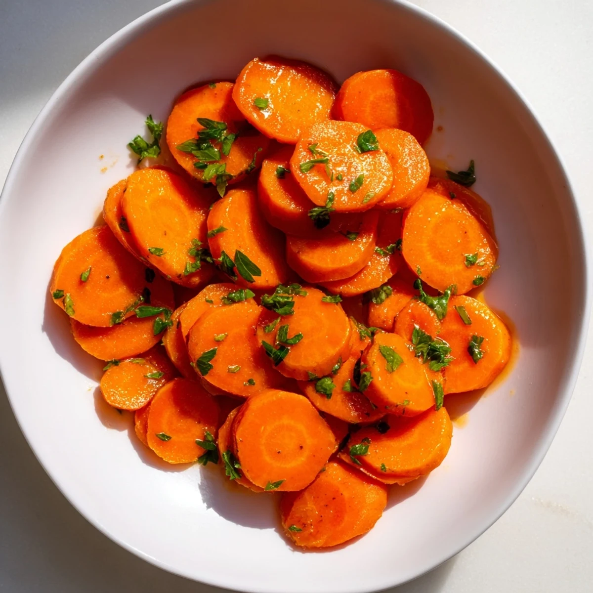 A plate of flavorful Golden Honey-Glazed Carrots, perfectly glazed—a sweet and savory vegetarian dish.