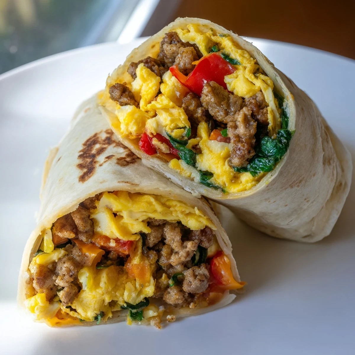 A close-up of fully-packed Make-Ahead Breakfast Burritos ready to be rolled up and enjoyed for breakfast.