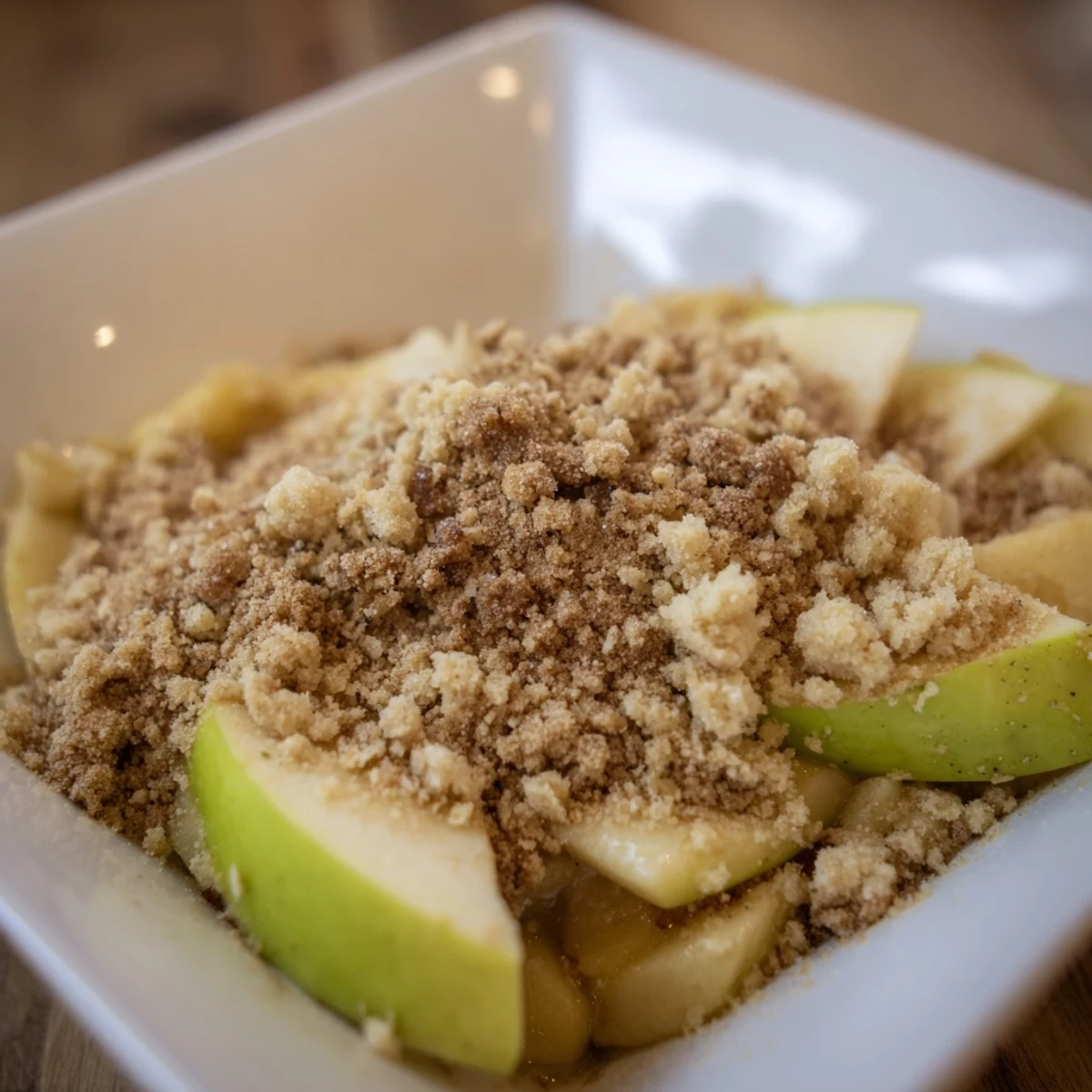 Golden-brown Rustic Apple and Cinnamon Crumb Bake, bubbly with spiced apples inside a buttery crust.