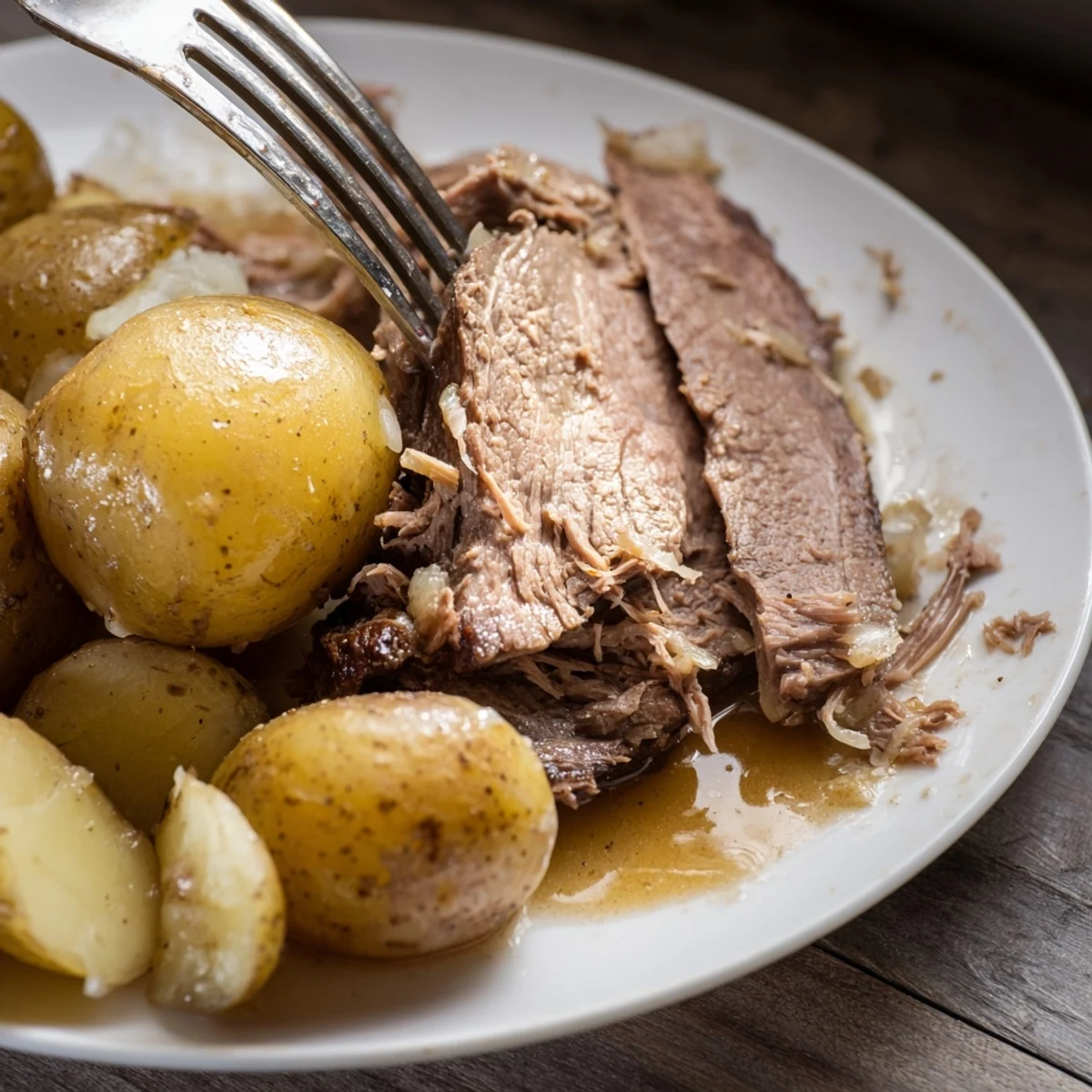 Tender, shredded slow cooker pot roast served with potatoes and flavorful beef juices.