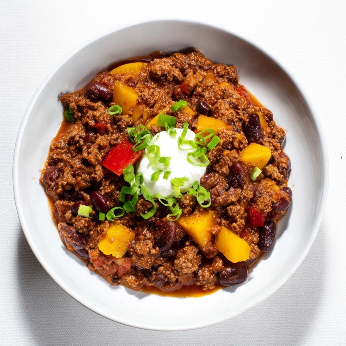 A comforting bowl of simple weeknight chili, brimming with beef and kidney beans, ready to enjoy.