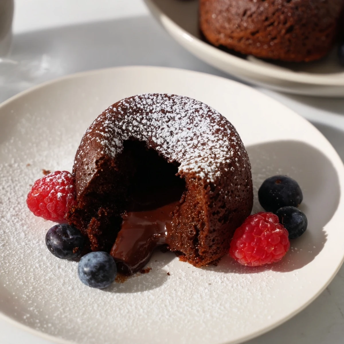 A perfect plating of Mini Chocolate Lava Cakes: rich, dark chocolate with fresh berries and powdered sugar.