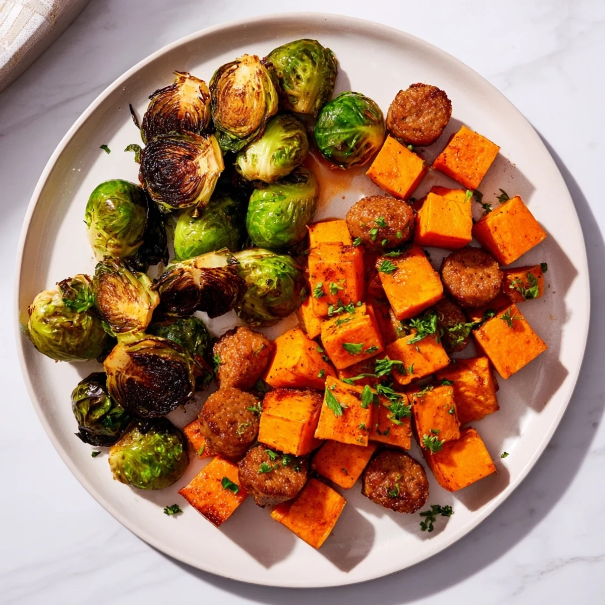 Sheet pan sausage, sweet potato, and Brussels sprouts, a colorful, roasted dinner with crispy edges.