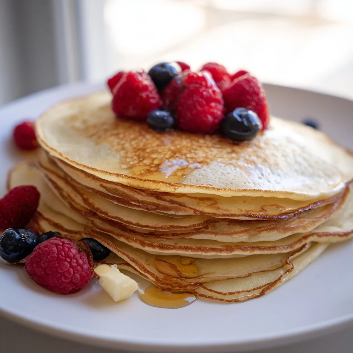 Fluffy golden ricotta pancakes, served with berries and syrup; a perfect brunch treat.