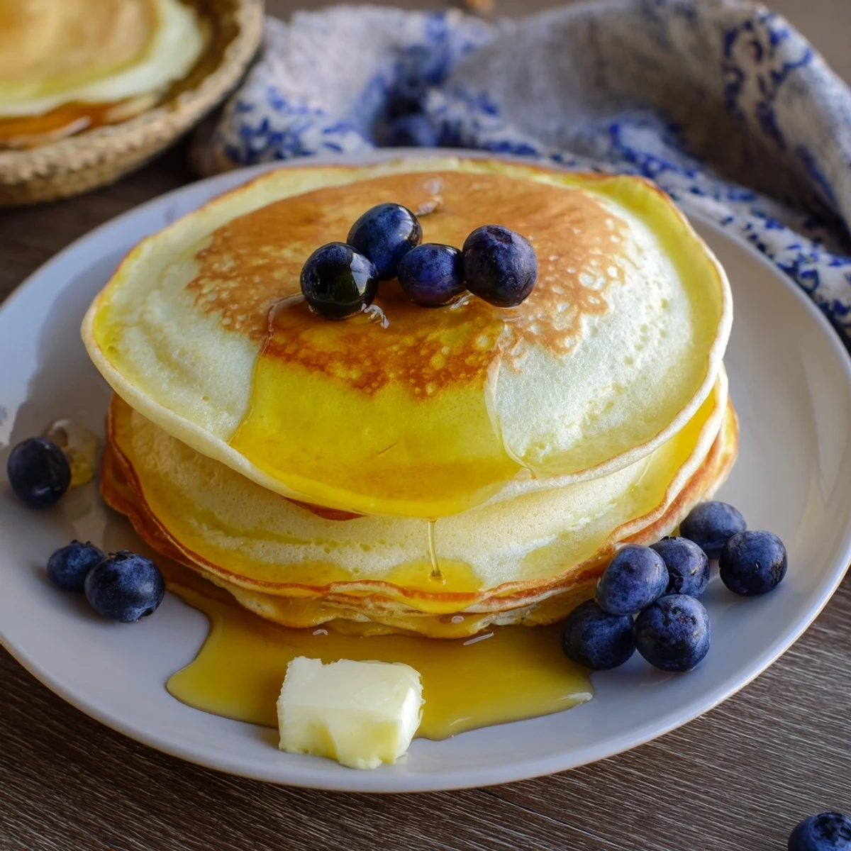 Freshly made ricotta pancakes, ready to be topped with maple syrup—a classic American breakfast.