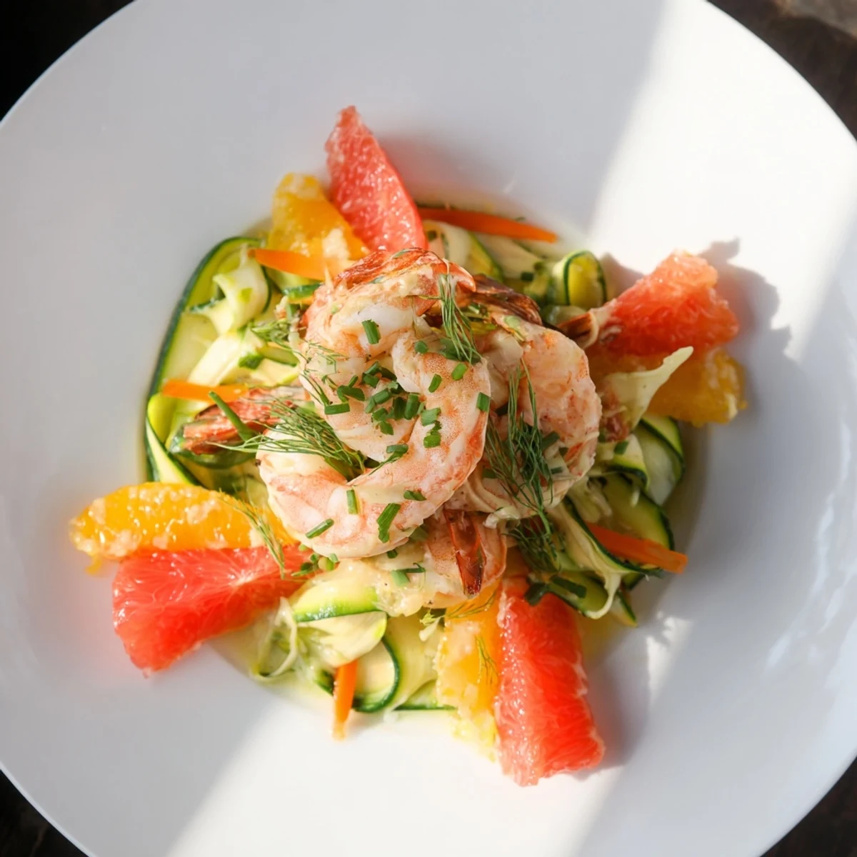 The Coral Reef, a colorful dish with shrimp, citrus, and bubbling Gruyère, ready to savor.