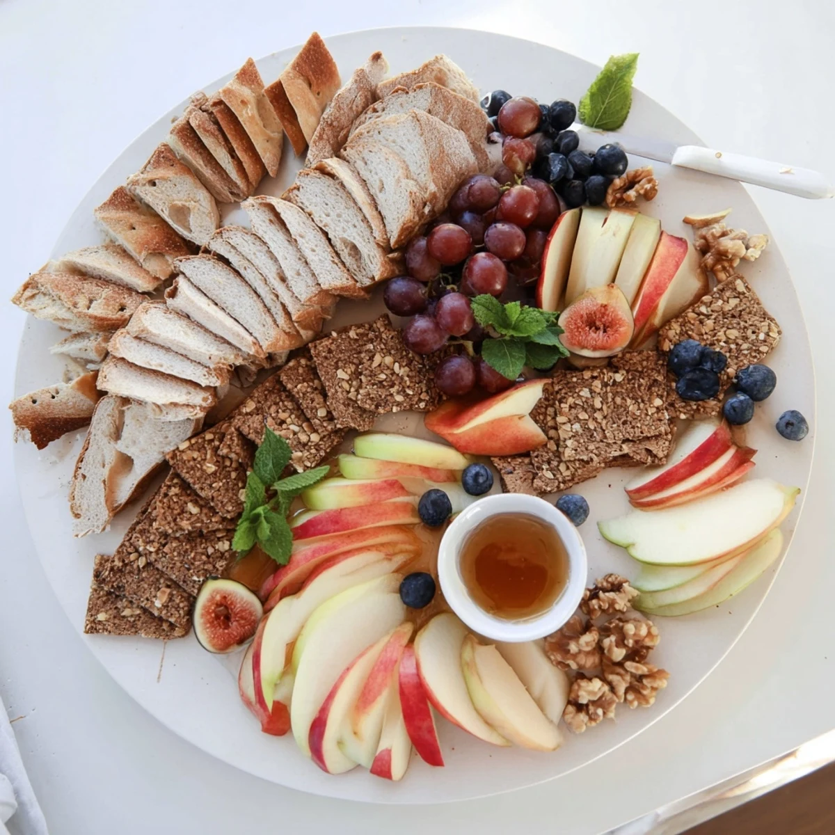 This Harvest Scythe recipe photo displays a rustic appetizer with a colorful array of fresh produce.