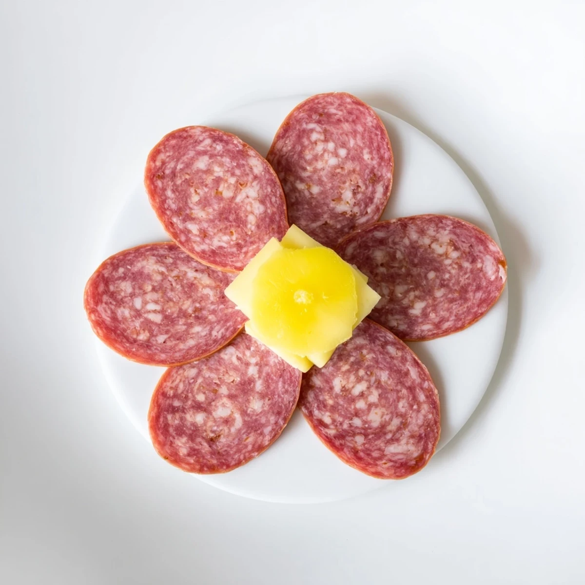 A vibrant, gluten-free Tudor Rose appetizer, salami petals encircle a yellow cheese center on a plate.