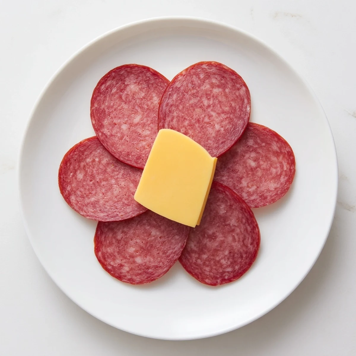 Vivid image of a Tudor Rose, a party-ready appetizer of salami and yellow cheese, artfully displayed.