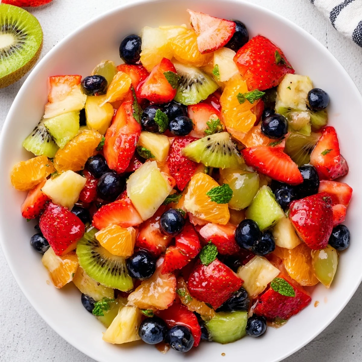 A colorful fruit salad with honey-lime dressing, a refreshing dessert for any occasion.