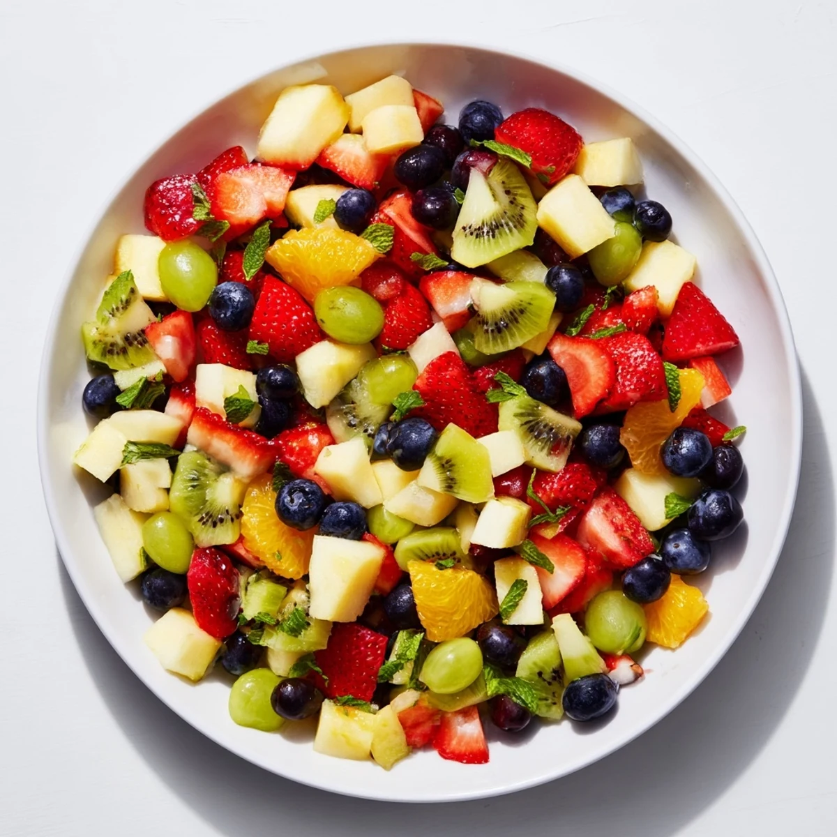 Bright slices of kiwi and strawberries alongside a honey-lime drizzled fruit salad, ready to serve.