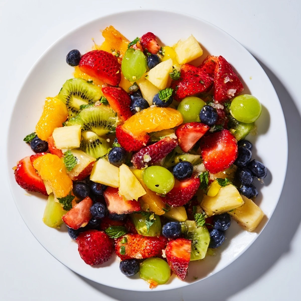 Chilled bowl of refreshing fruit salad, with a light and zesty honey-lime flavoring ready to enjoy.