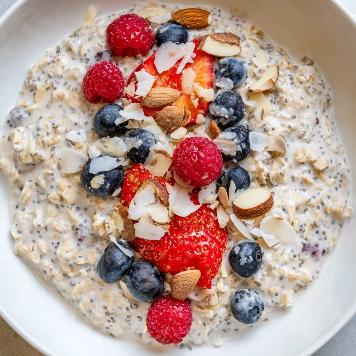 Delicious creamy overnight oats with berries and chia seeds, a perfect make-ahead breakfast.