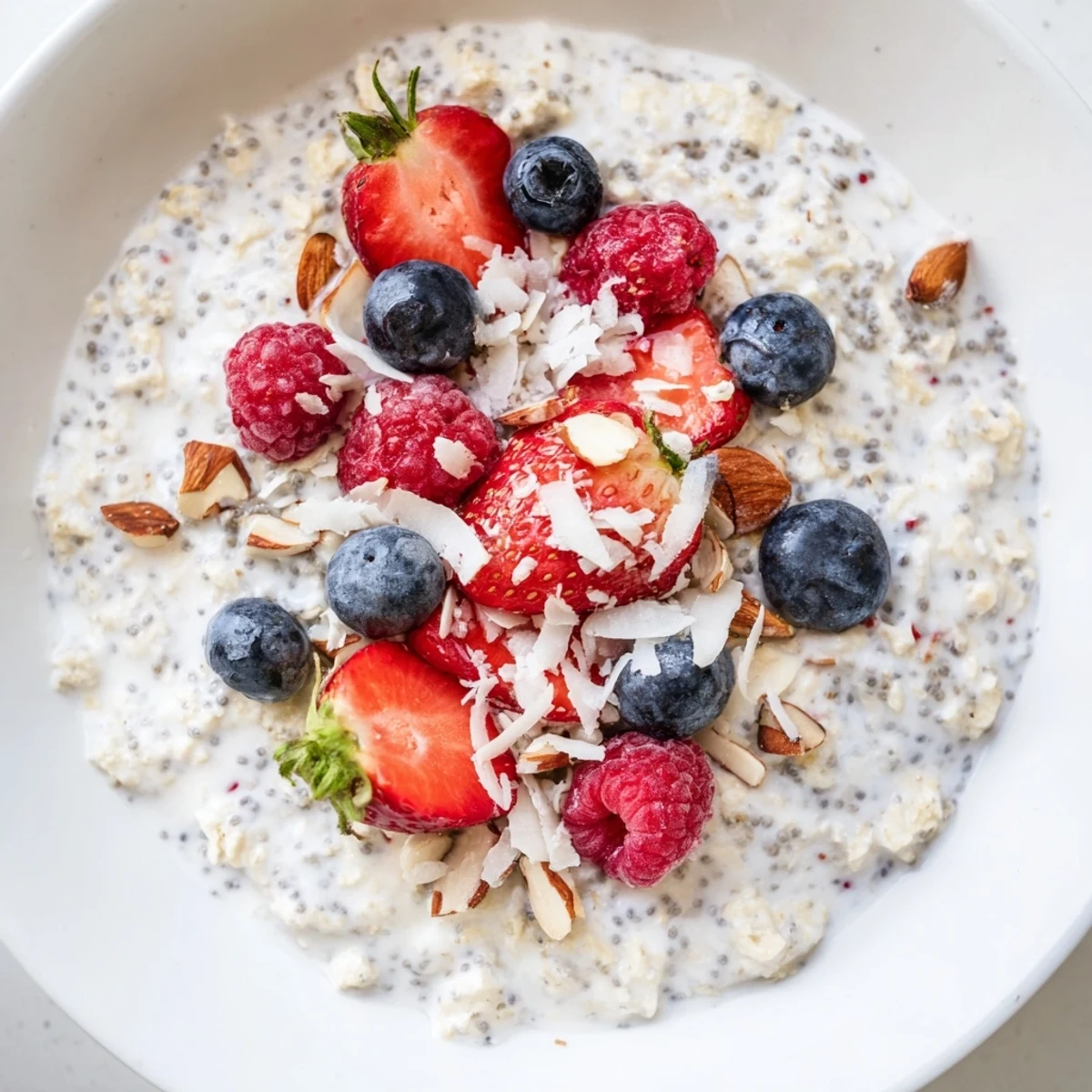 Textured close-up of overnight oats, creamy with chia seeds and colorful berries, ready to enjoy.