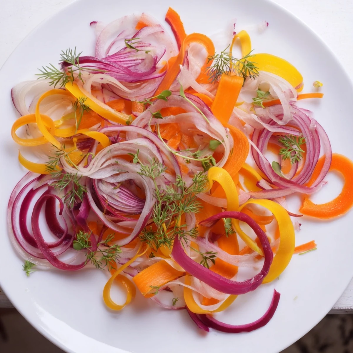 The colorful "Spinning Top" salad with ribbons of vegetables and fresh herbs, ready to serve.