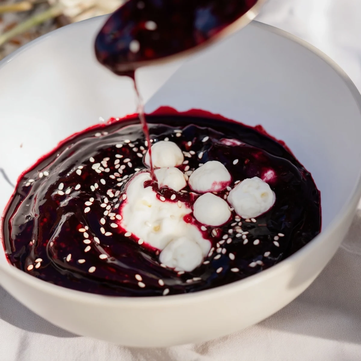 Swirled dark berry jam enhances this Galaxy Spiral, a creamy yogurt dessert with goat cheese star clusters.