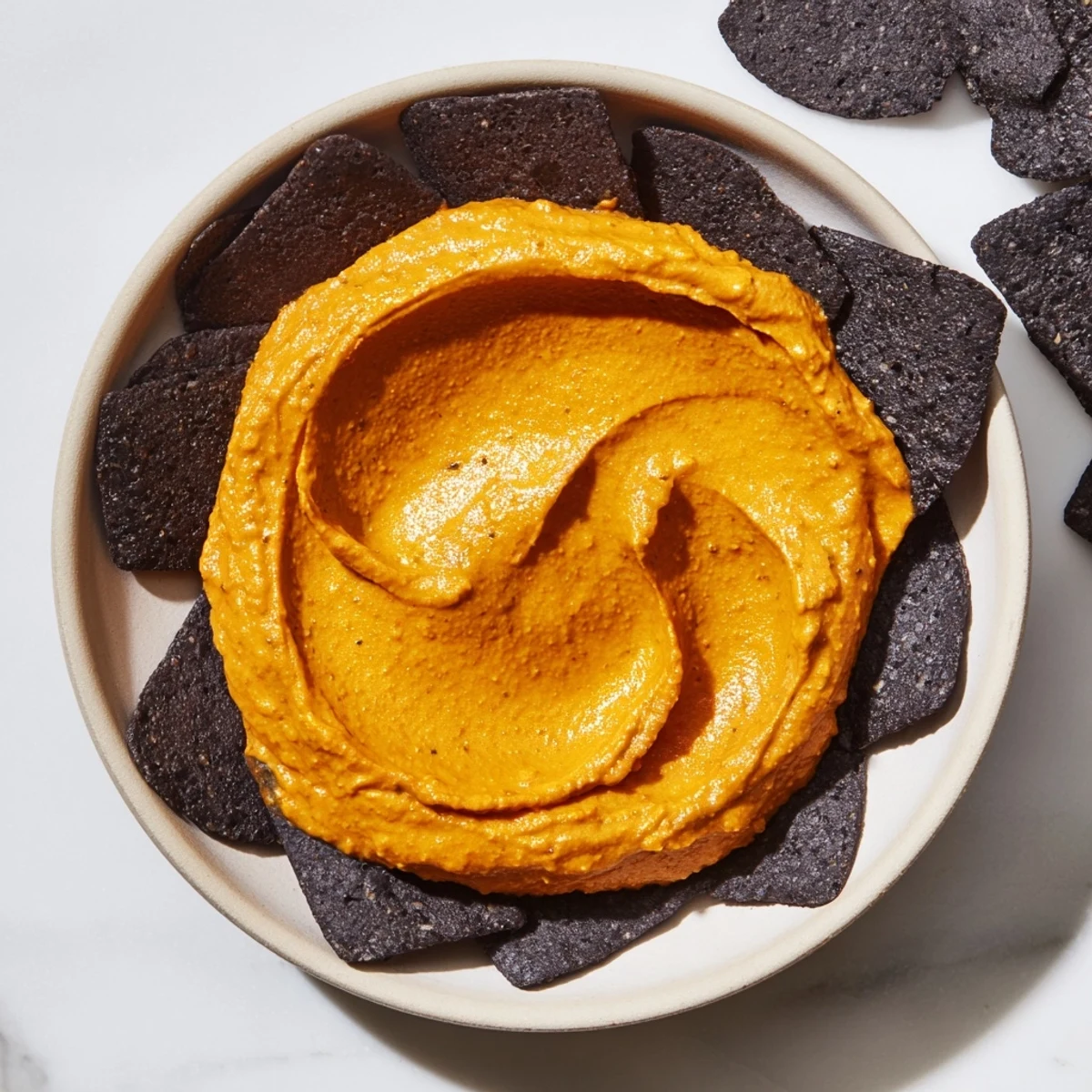 Vibrant Midnight Sun appetizer: Creamy carrot dip encircled by dark charcoal crackers, ideal for elegant sharing.