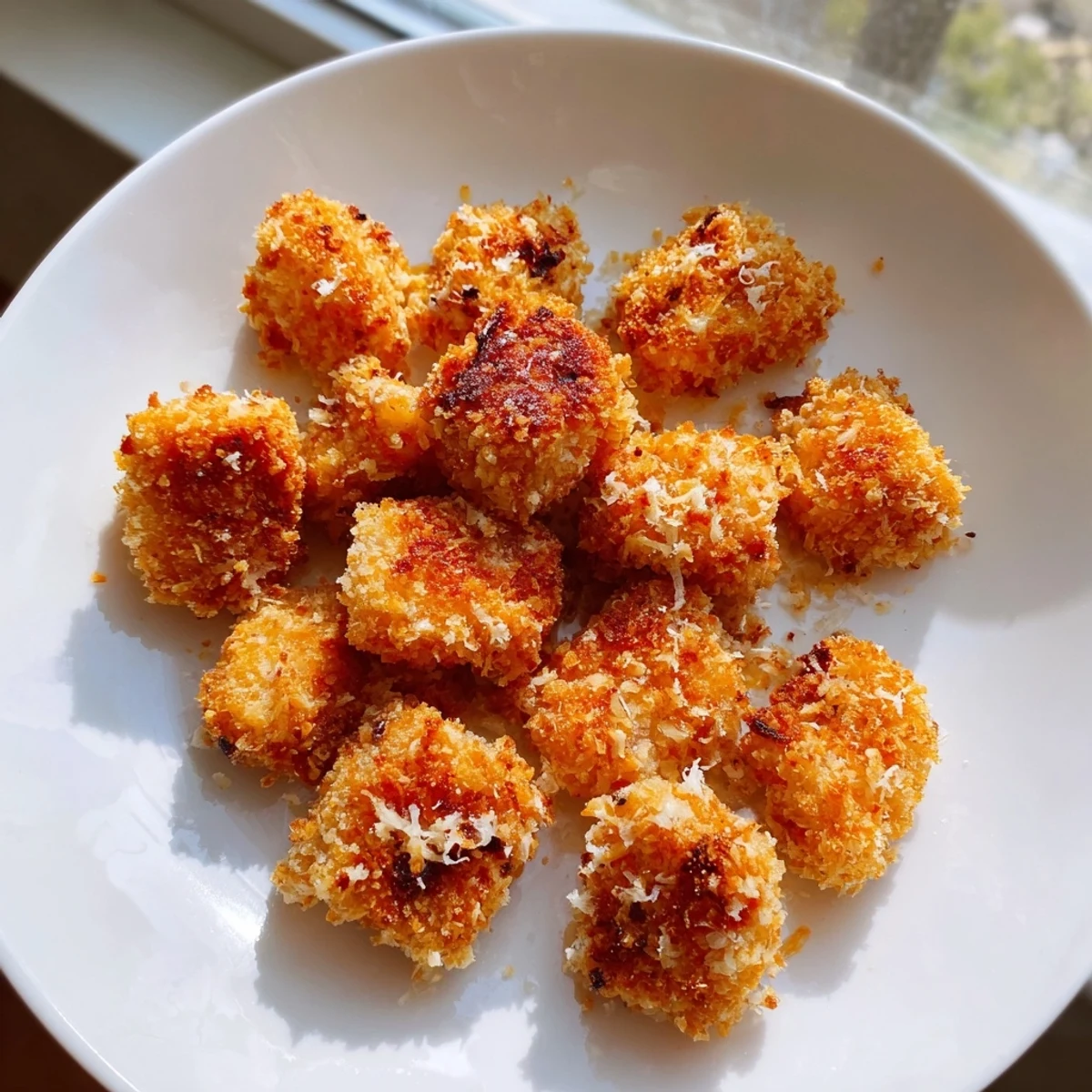 Golden air fryer un-fried chicken nuggets, perfectly crispy and ready for dipping sauces.