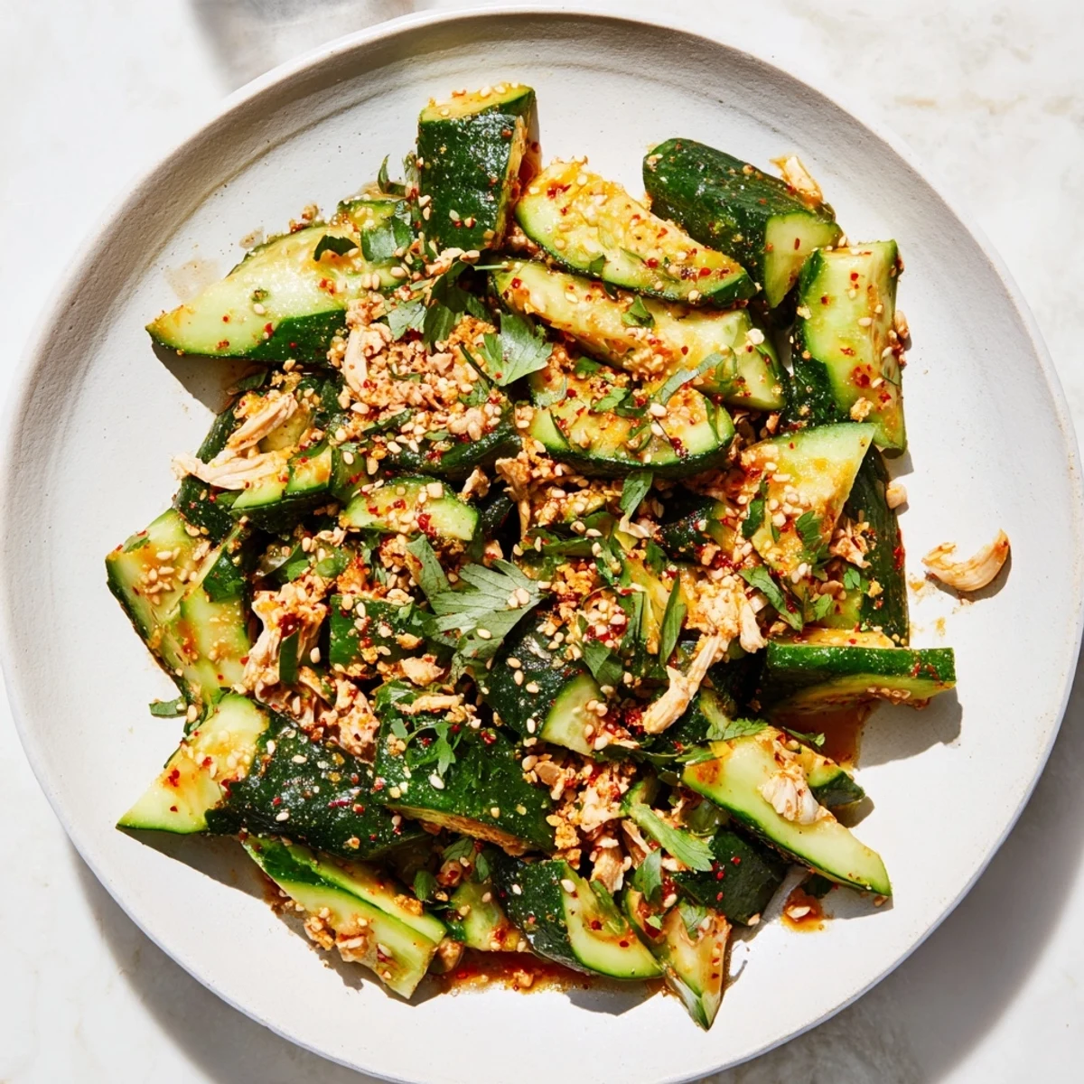 Vibrant Whole Cucumber Logan Salad with juicy shredded chicken, a satisfying crunchy meal.