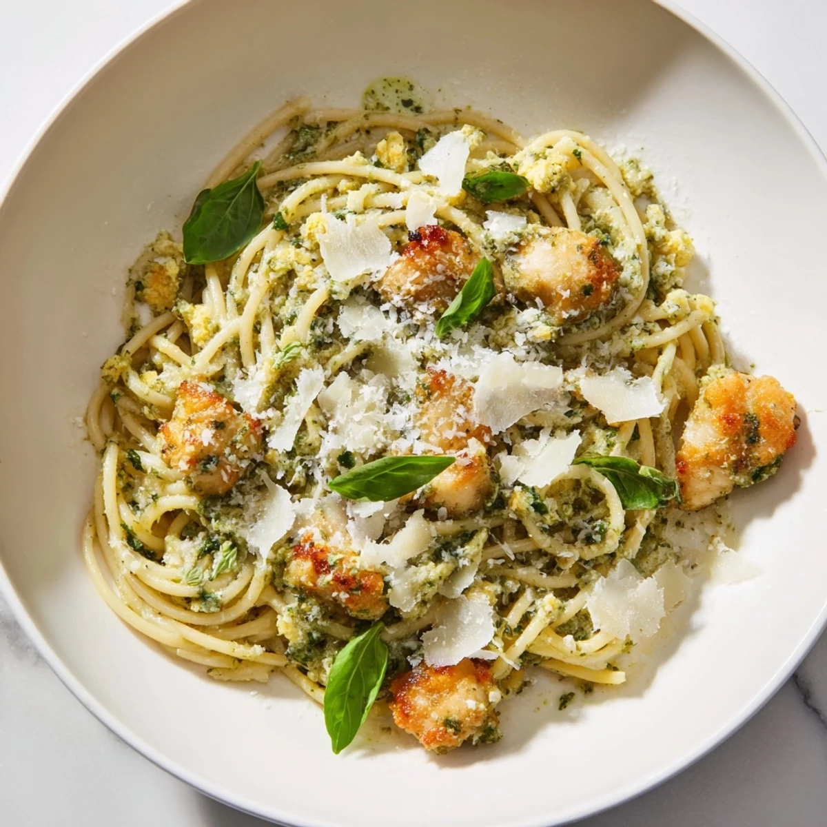 Savor the flavors of this pesto egg and chicken pasta, a comforting bowl topped with fresh basil.