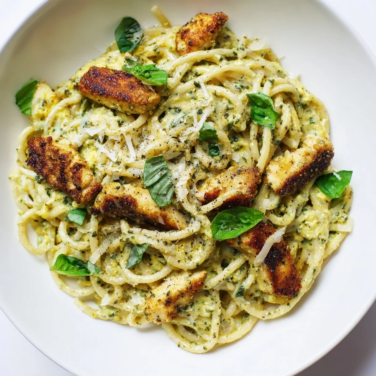 A close-up of pesto egg and chicken pasta, showcasing the rich pesto sauce over perfectly cooked pasta.