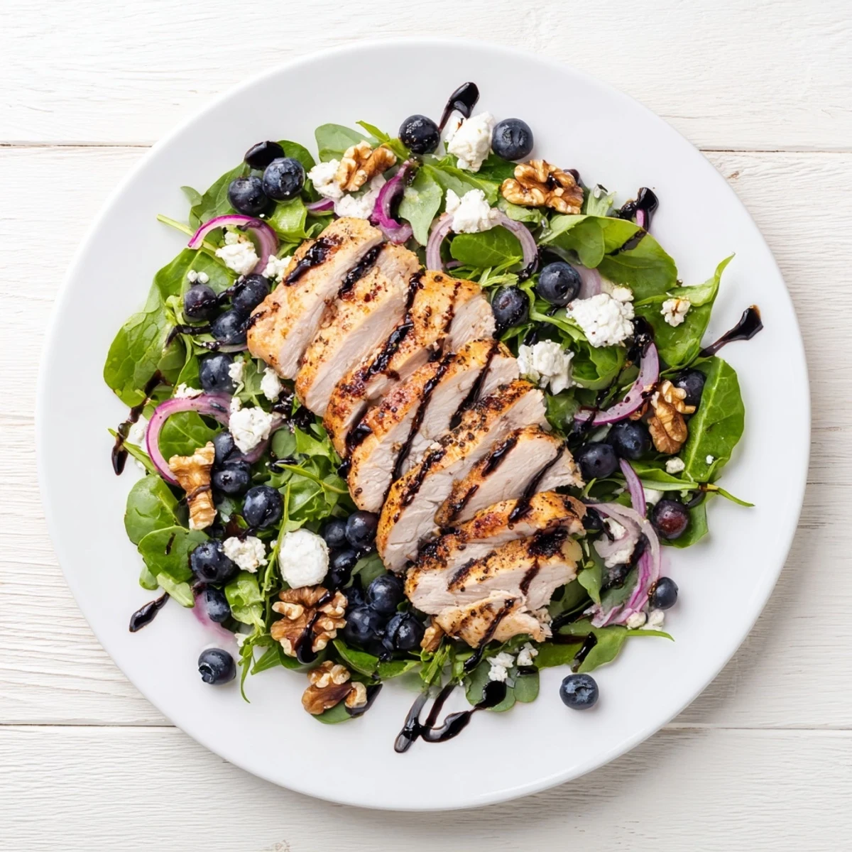 Close-up of a delightful Blueberry Goat Cheese Chicken Salad, overflowing with fresh ingredients and vibrant colors.