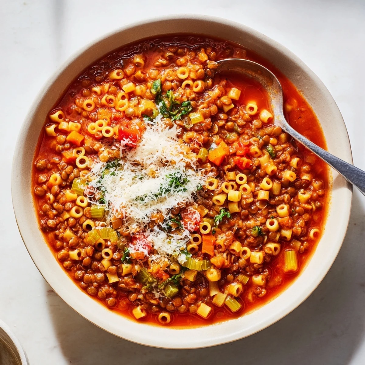 Enjoy the vibrant colors of this homemade Ditalini and Lentil Soup, perfect for a cozy weeknight dinner.