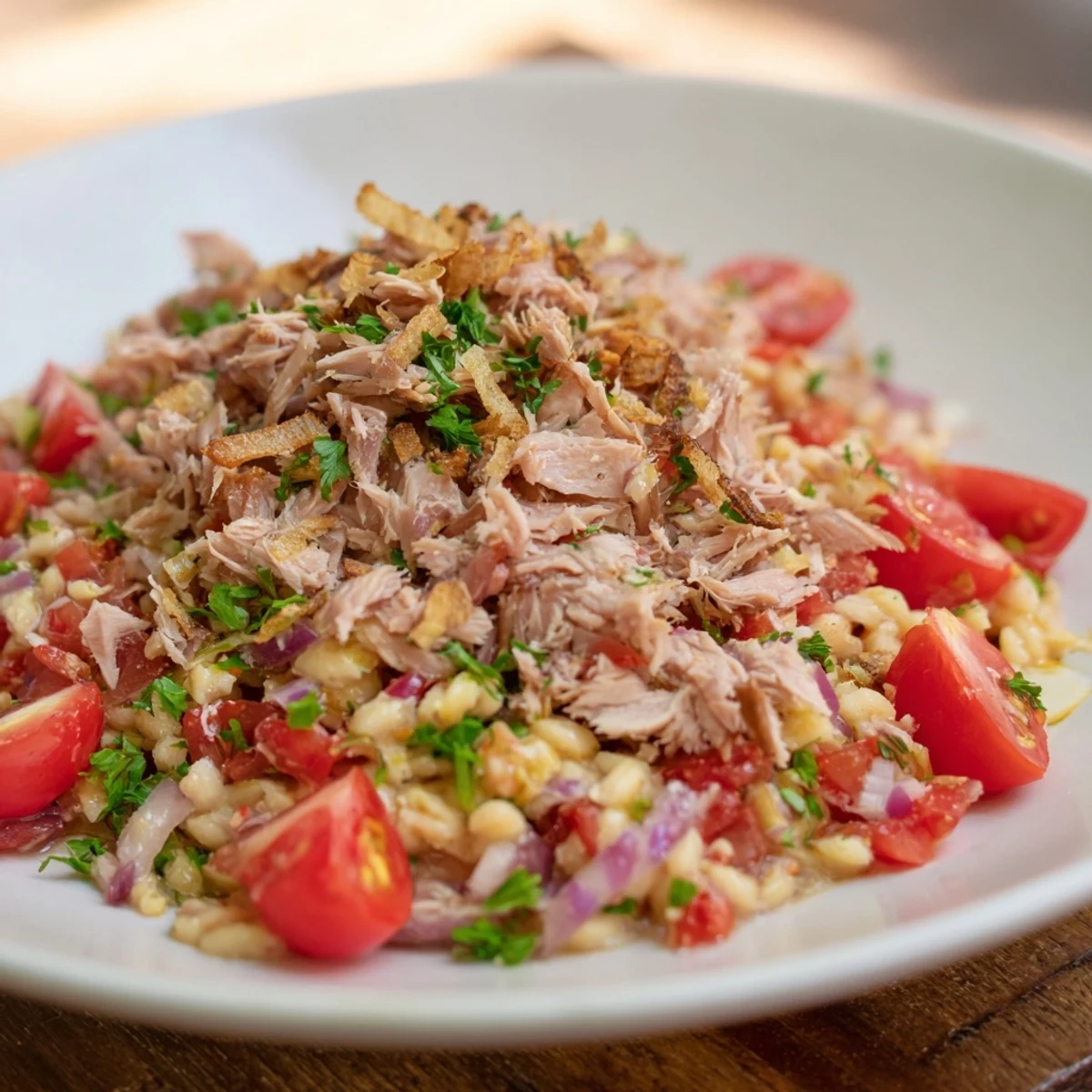Creamy Dense Chickpea and Tuna Salad with bright red onion and parsley, ready to enjoy.