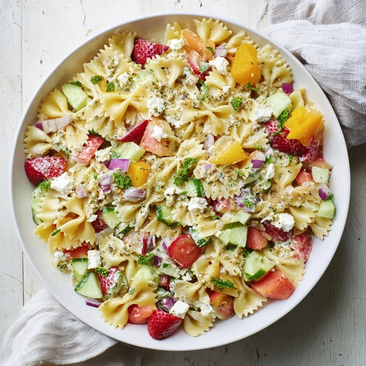 Vibrant Strawberry Feta Pasta salad, a medley of fresh strawberries and creamy feta cheese.