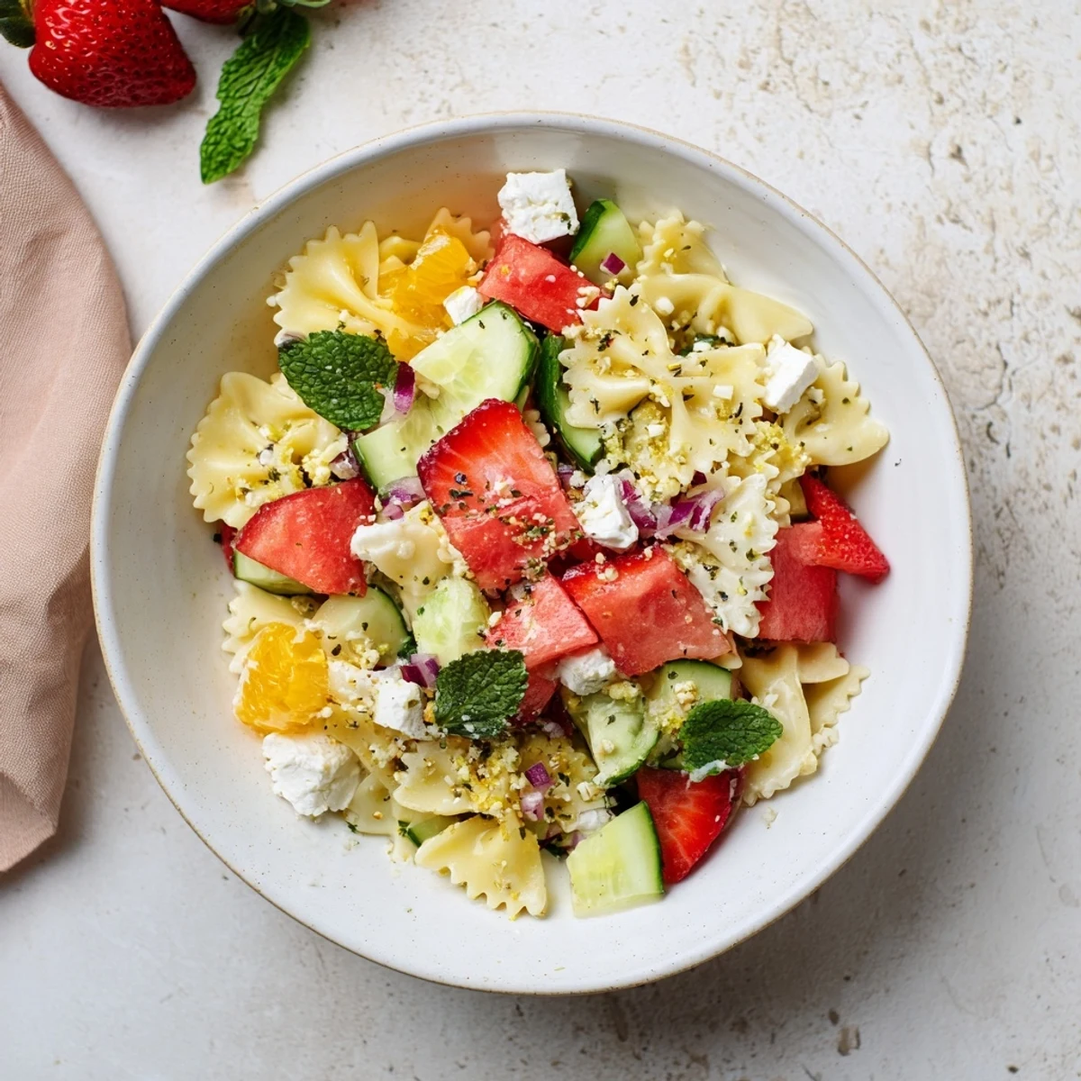 Imagine a close-up of this refreshing Strawberry Feta Pasta, perfect for a summer lunch.