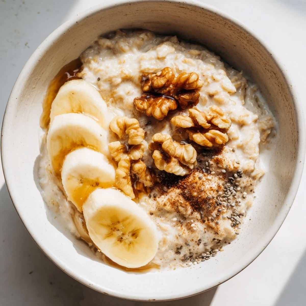 Steaming bowl of Microwave Banana Oats with sliced bananas, ready for a warm breakfast treat.