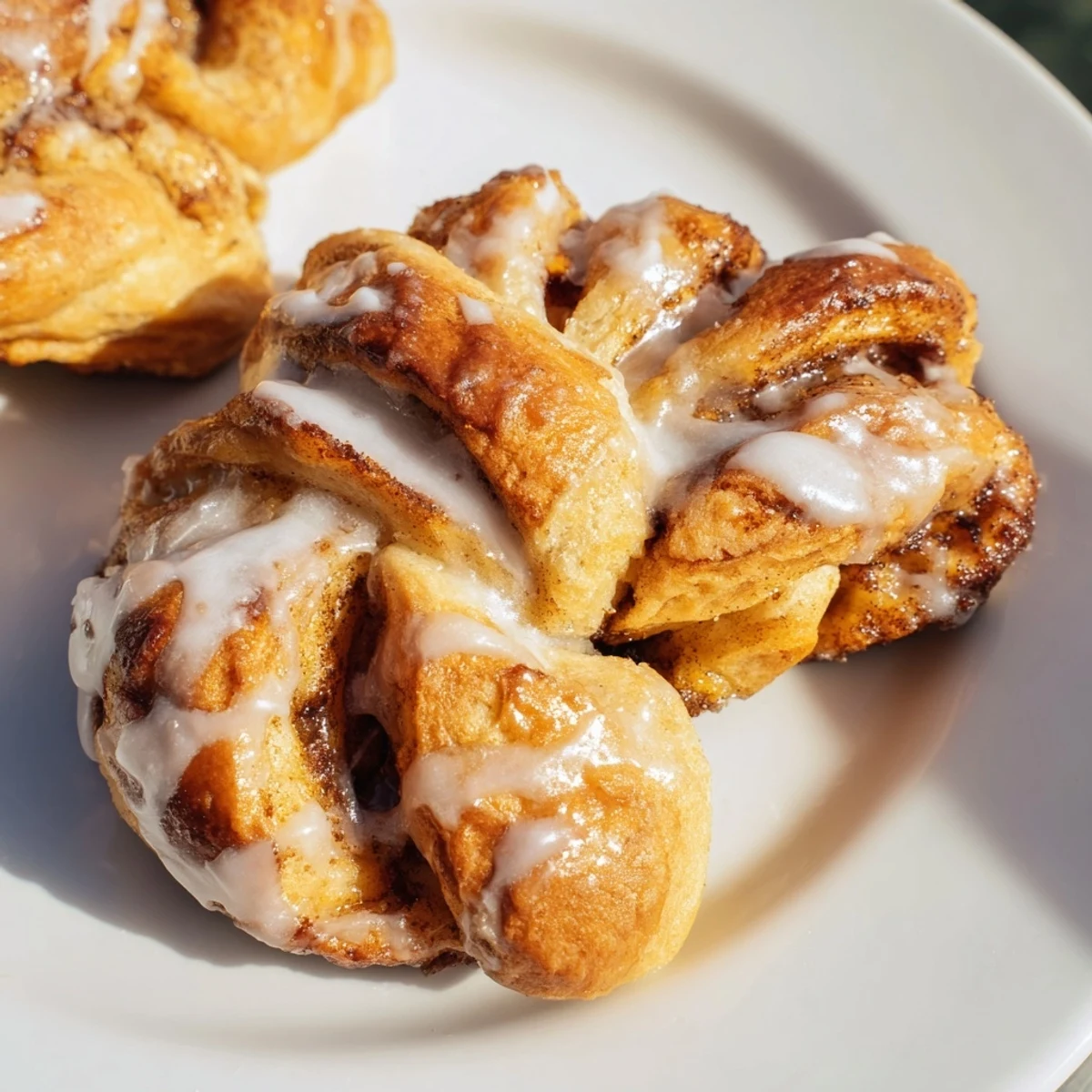 Golden, twisted air-fryer cinnamon rolls, glistening with glaze, perfect for a cozy, comforting treat.