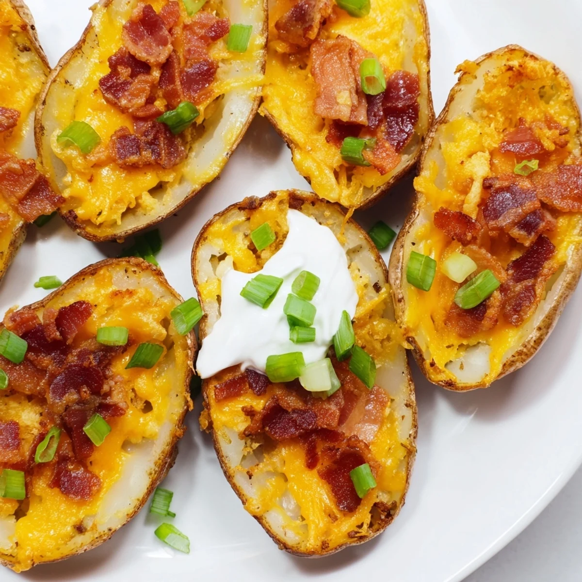 Golden and bubbly Loaded Baked Potato Skins, generously topped with cheese and crispy bacon.