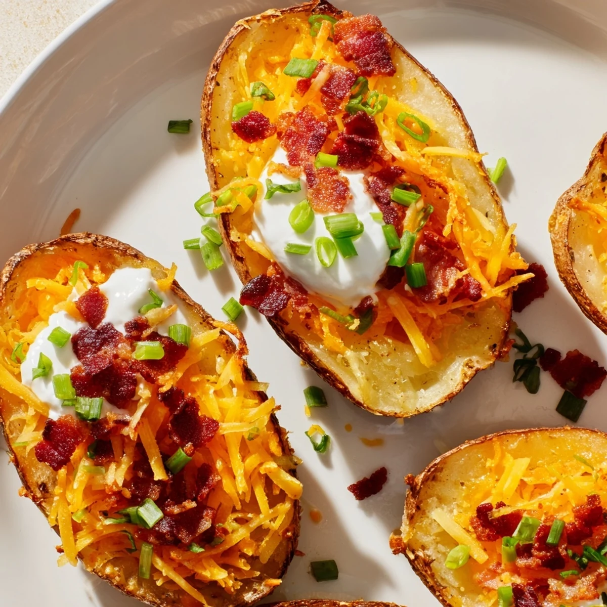 Oven-baked Loaded Baked Potato Skins, a savory appetizer garnished with fresh sour cream and chives.