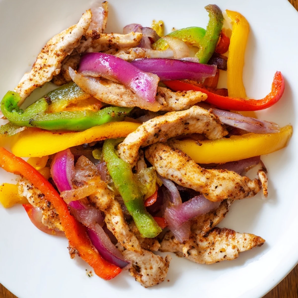A close-up view of Sheet-Pan Chicken Fajitas, the savory chicken and vegetables cooked beautifully to serve.