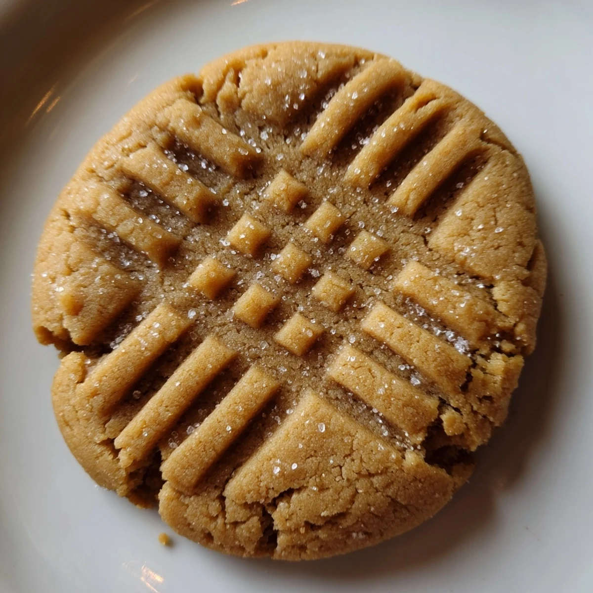 Warm, golden flourless peanut butter cookies, ready to eat, with a beautifully crisscrossed top.