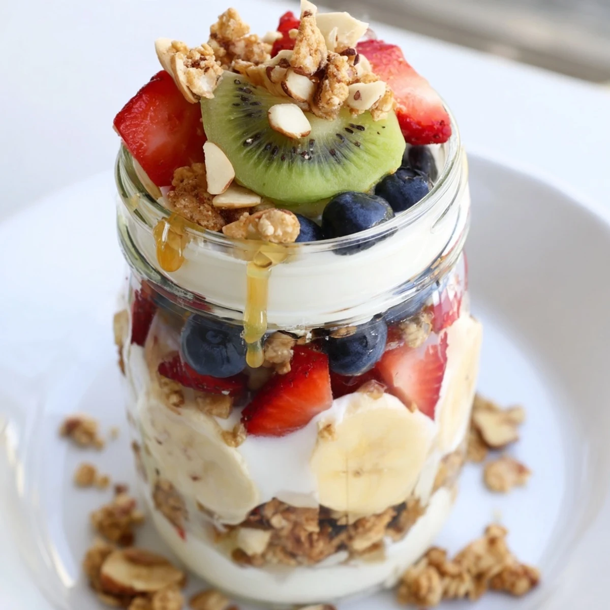 Layered Yogurt Fruit Parfait, showing a beautiful breakfast cup with vibrant fruits, crunchy granola.